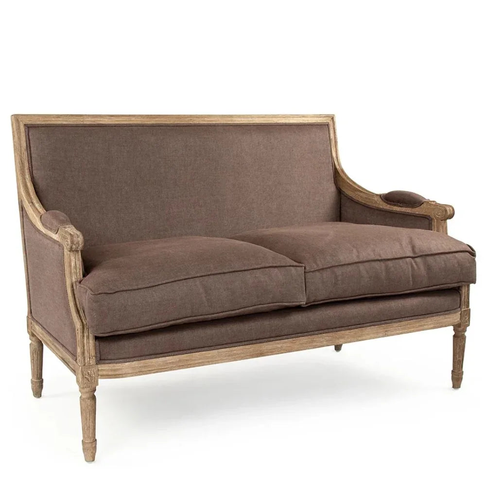 French country loveseat with distressed wood frame and brown linen upholstery, shabby chic style