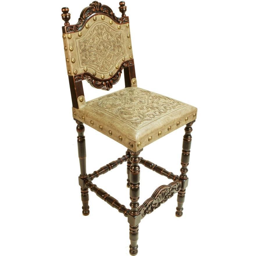 Spanish Leather Carved Counter Stool - Belle Escape