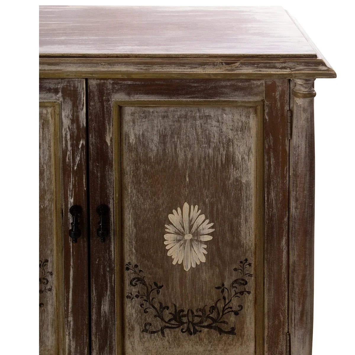 Distressed wood cabinet with hand-painted floral design, shabby chic style