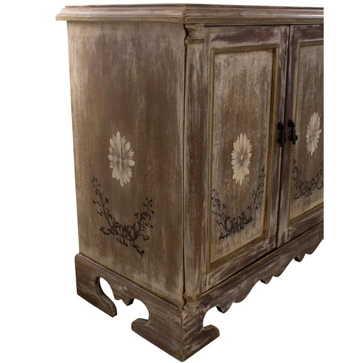 Distressed wood sideboard with hand-painted floral motifs, shabby chic style, vintage farmhouse cabinet