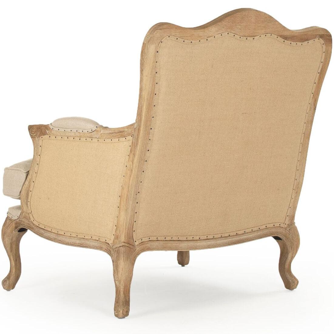 Wood Carved French Burlap Club Chair - Belle Escape
