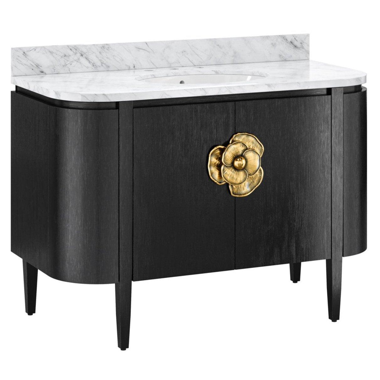Brass Flower Black Marble Top Demilune Vanity