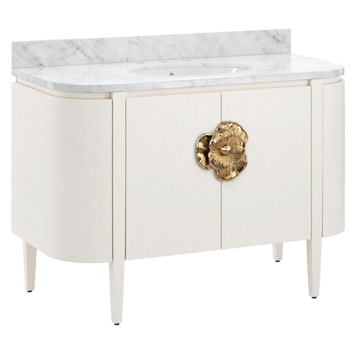 Brass Flower White Marble Top Demilune Vanity