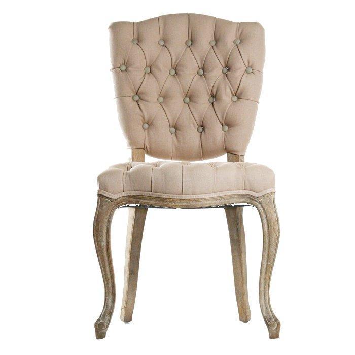 French country tufted dining chair with distressed wood legs and beige upholstery