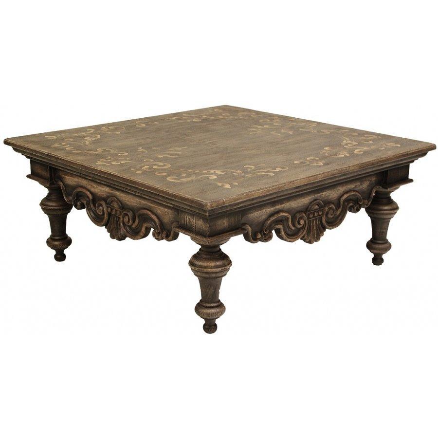 Square French country coffee table with ornate carvings and distressed finish, ideal for shabby chic or farmhouse decor