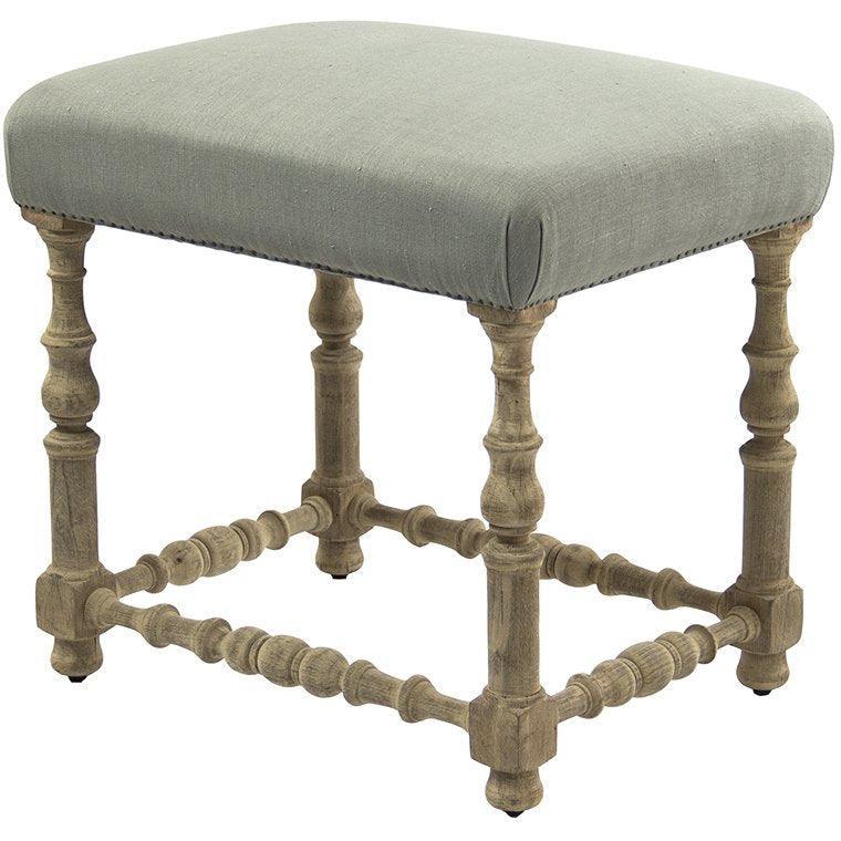 French country upholstered stool with turned wood legs and nailhead trim, shabby chic style