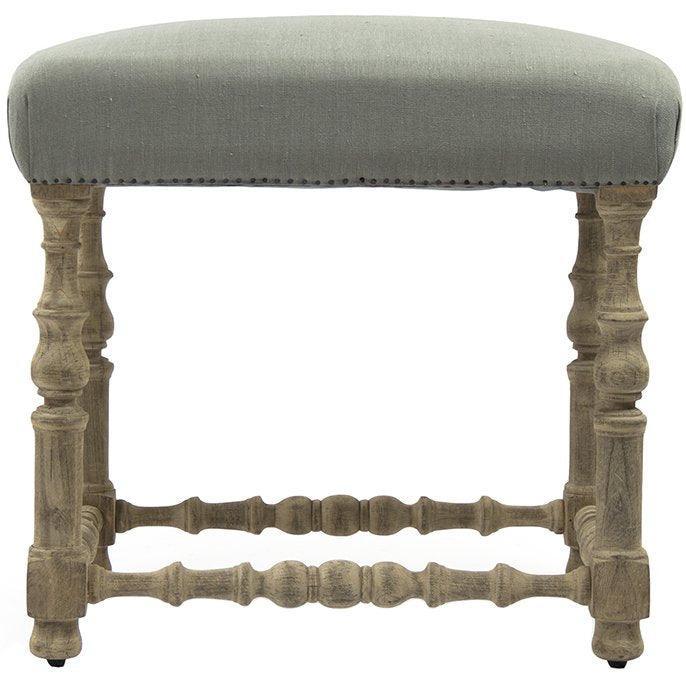 Gray upholstered stool with rustic wooden legs, French country style