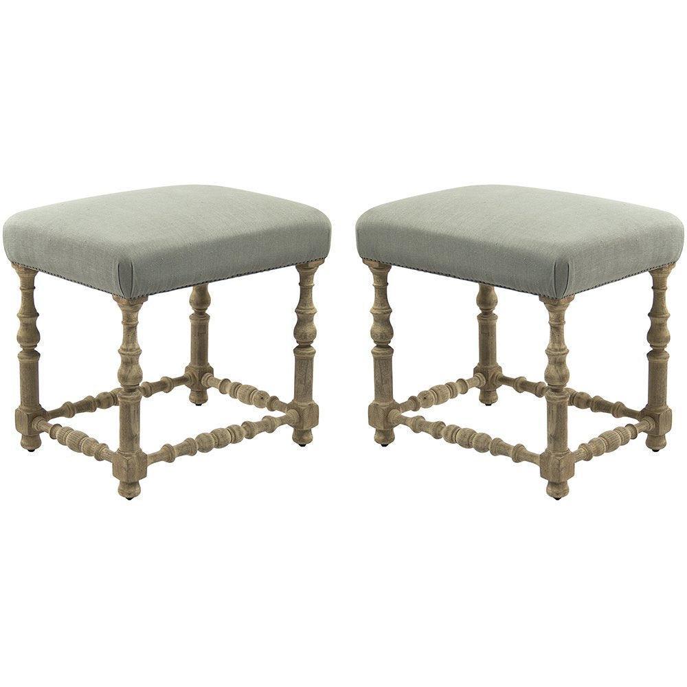 Set of two French country-style upholstered stools with turned wood legs and light gray fabric