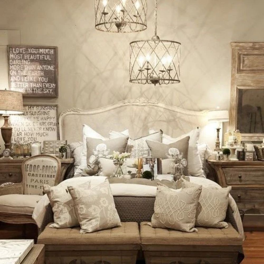 Shabby chic bedroom with ornate bed, rustic nightstands, and vintage wire chandeliers
