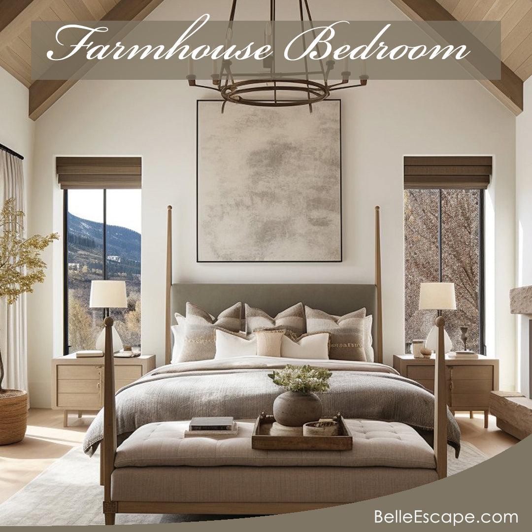 Farmhouse bedroom with wooden four-poster bed, neutral bedding, and rustic nightstands under vaulted ceiling