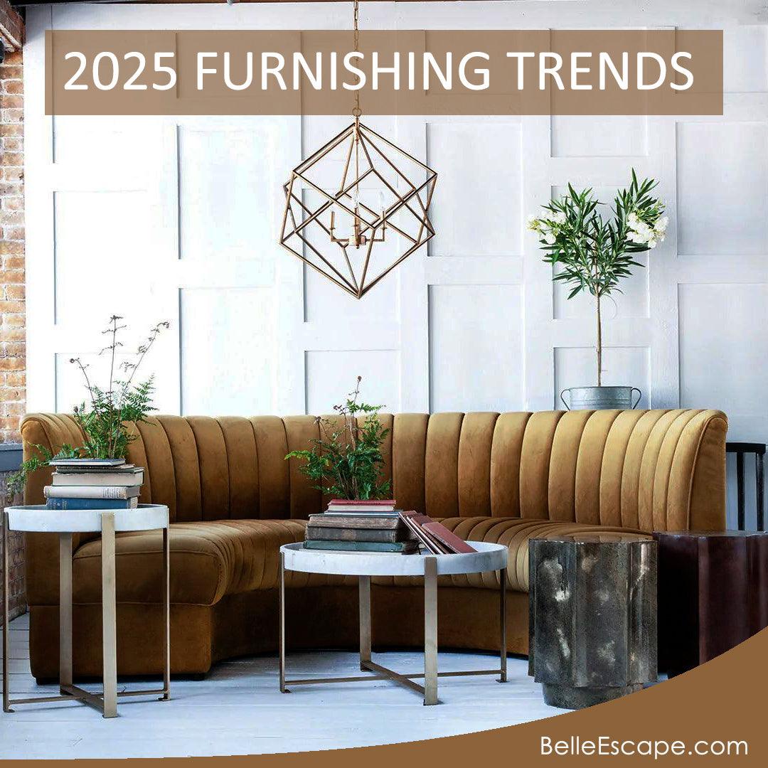 2025 furnishing trends: velvet sofa, geometric chandelier, and coastal decor accents