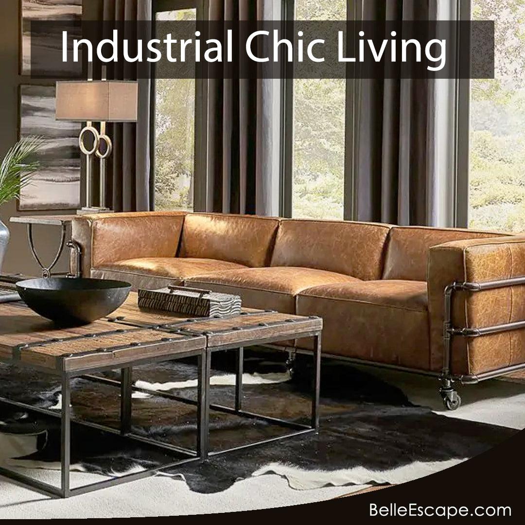 Industrial chic living room with leather sofa, metal coffee table, and cowhide rug