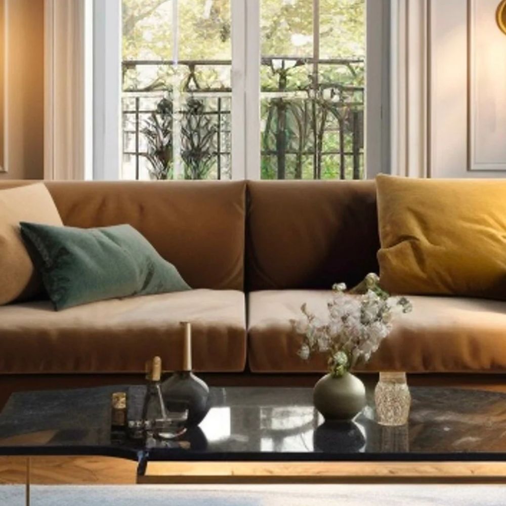 Brown velvet sofa with green and mustard pillows in French country living room