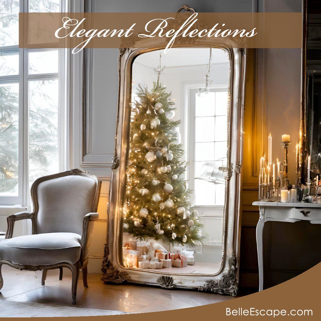 Elegant French country mirror reflecting a decorated Christmas tree, with vintage armchair and candlelit vanity nearby.