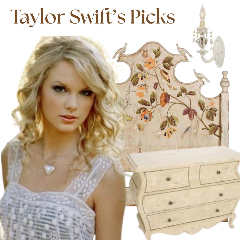 Taylor Swift’s Picks: shabby chic floral headboard & distressed dresser in French country style