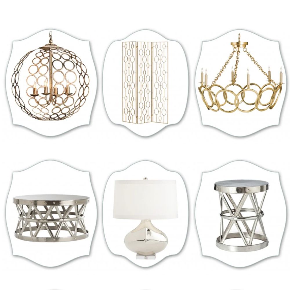 Elegant gold chandeliers, geometric screens, and silver accent tables in French country and farmhouse styles