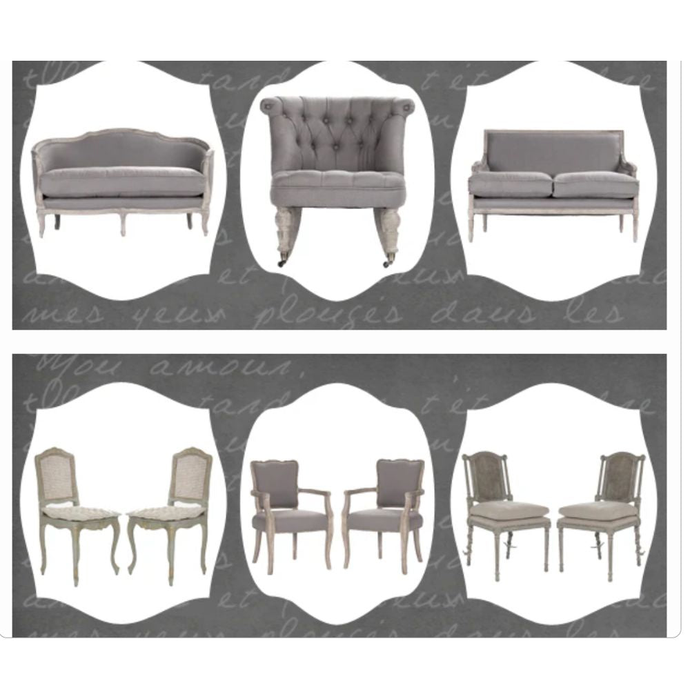 French country furniture collection: tufted armchair, sofas, and dining chairs in soft gray tones