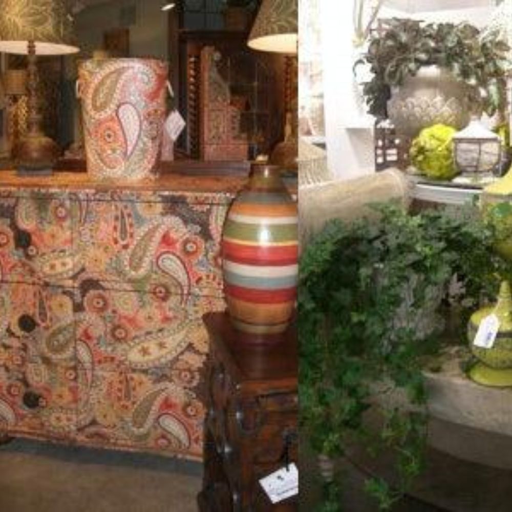 Paisley-patterned dresser with striped vase, greenery, and shabby chic decor in cozy home setting