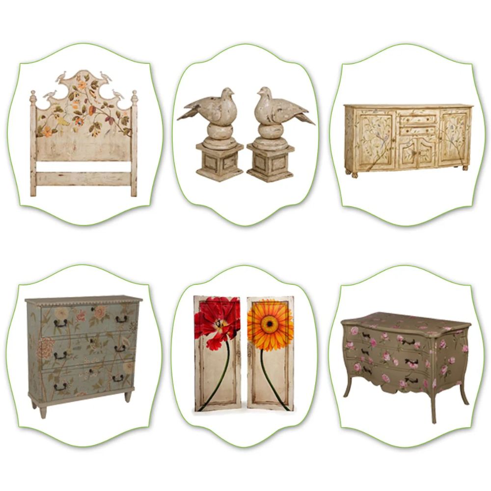 Hand-painted French country furniture & decor: floral dressers, bird sculptures, floral art, antique sideboards