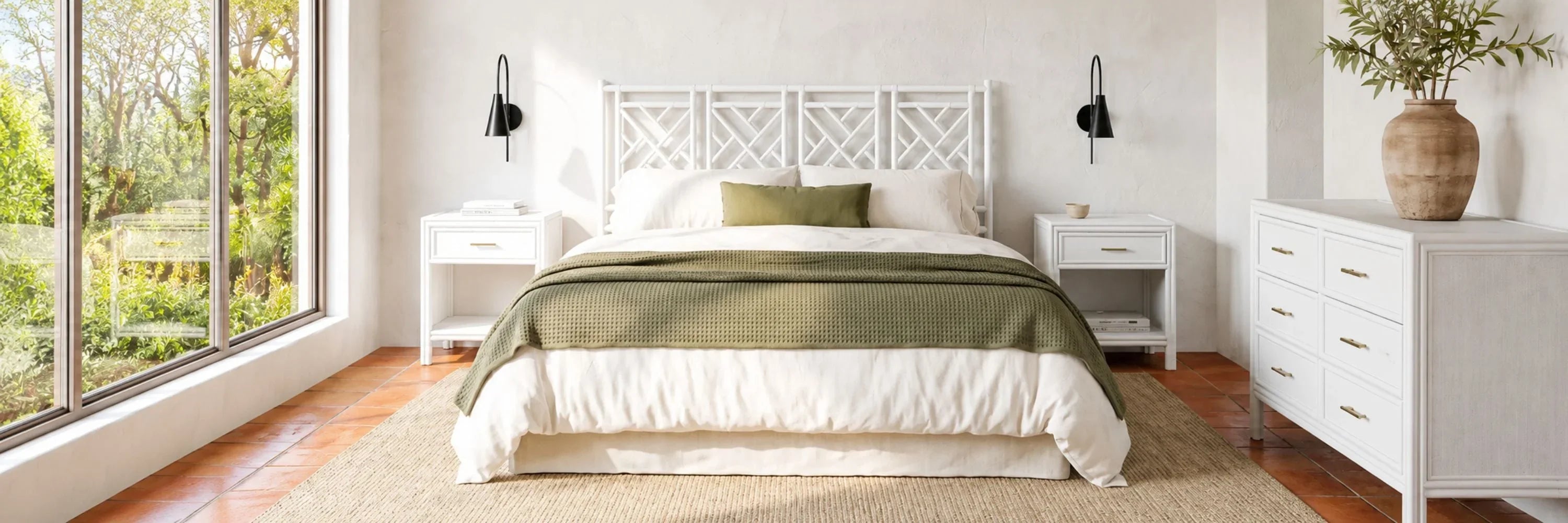White lattice bed frame with matching nightstands and dresser in coastal farmhouse bedroom
