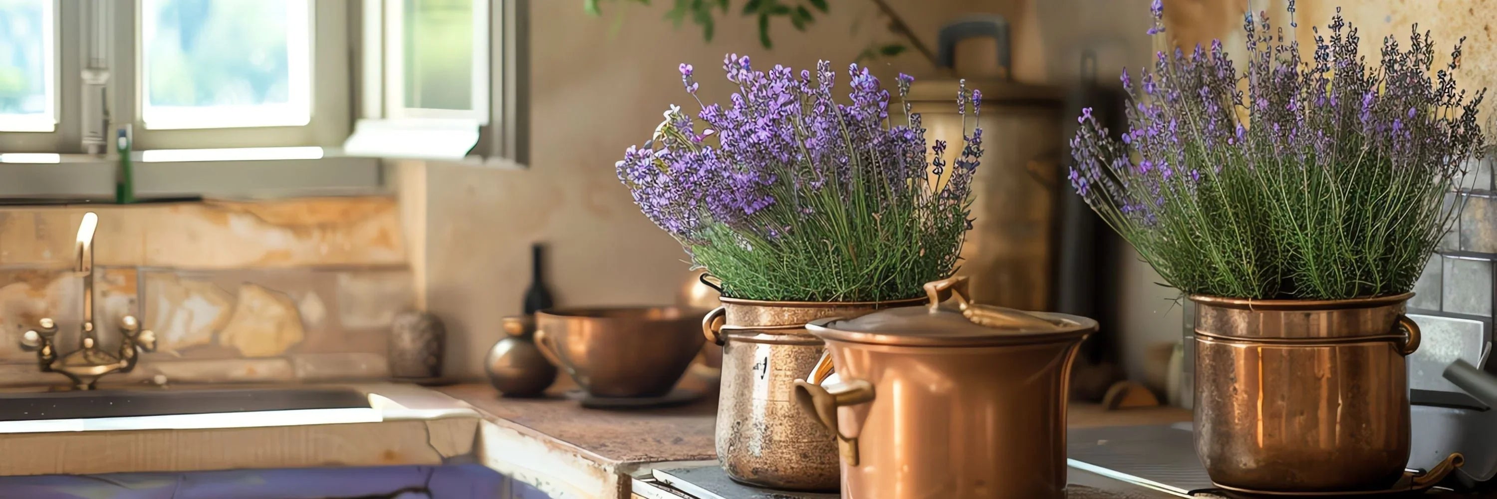 Lavender in copper pots on rustic kitchen counter, French country decor