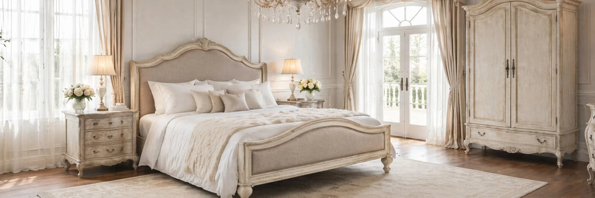 Elegant French country bedroom with distressed white bed, nightstands, armoire, and crystal chandelier