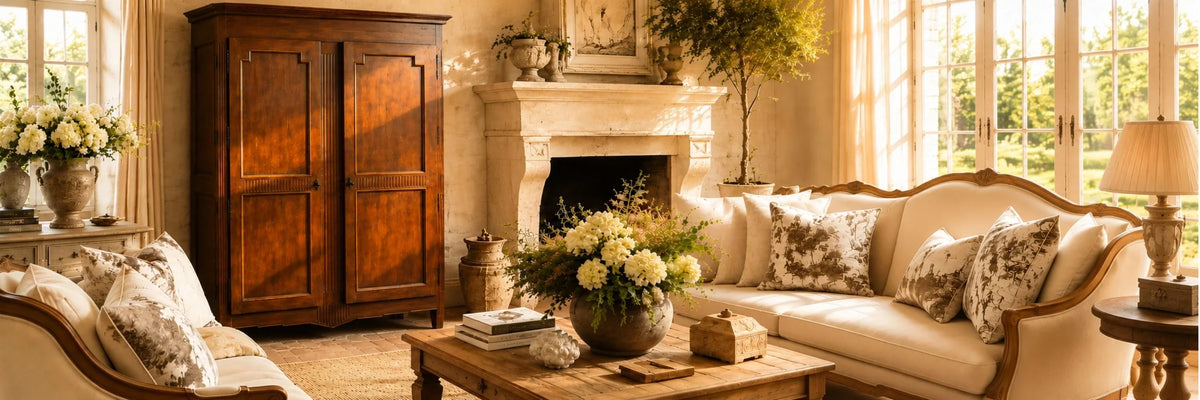 French country living room with antique armoire, cream sofa, fireplace, and floral decor