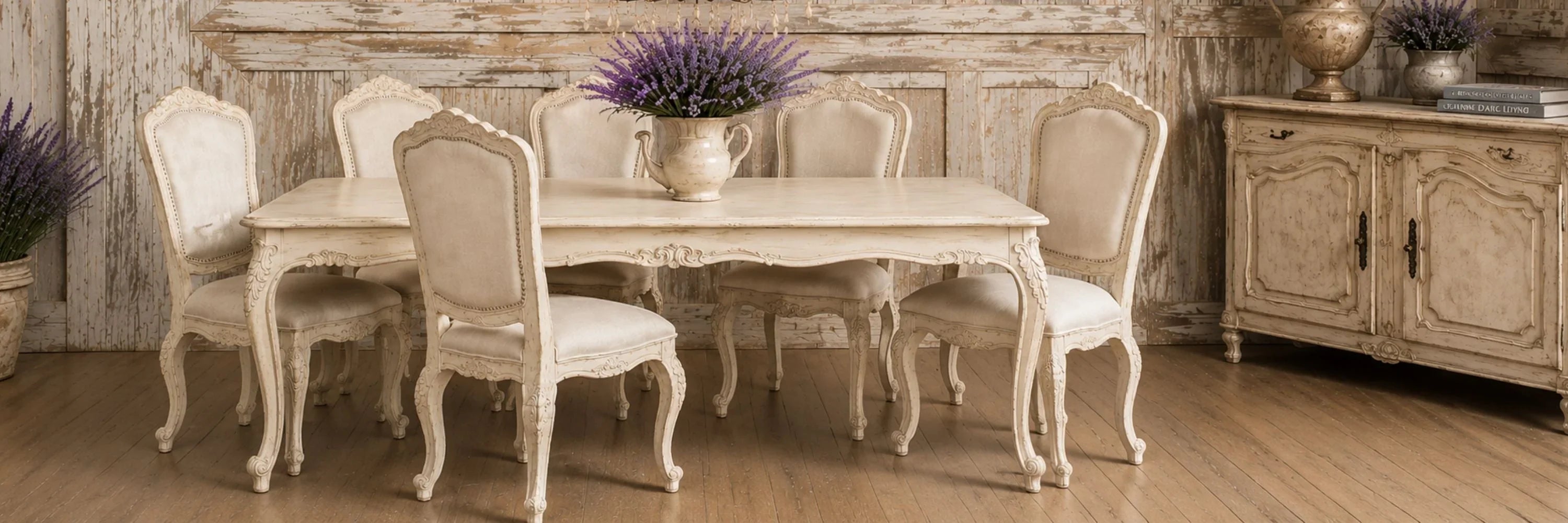 Elegant French country dining set with ornate table, upholstered chairs, and lavender centerpiece