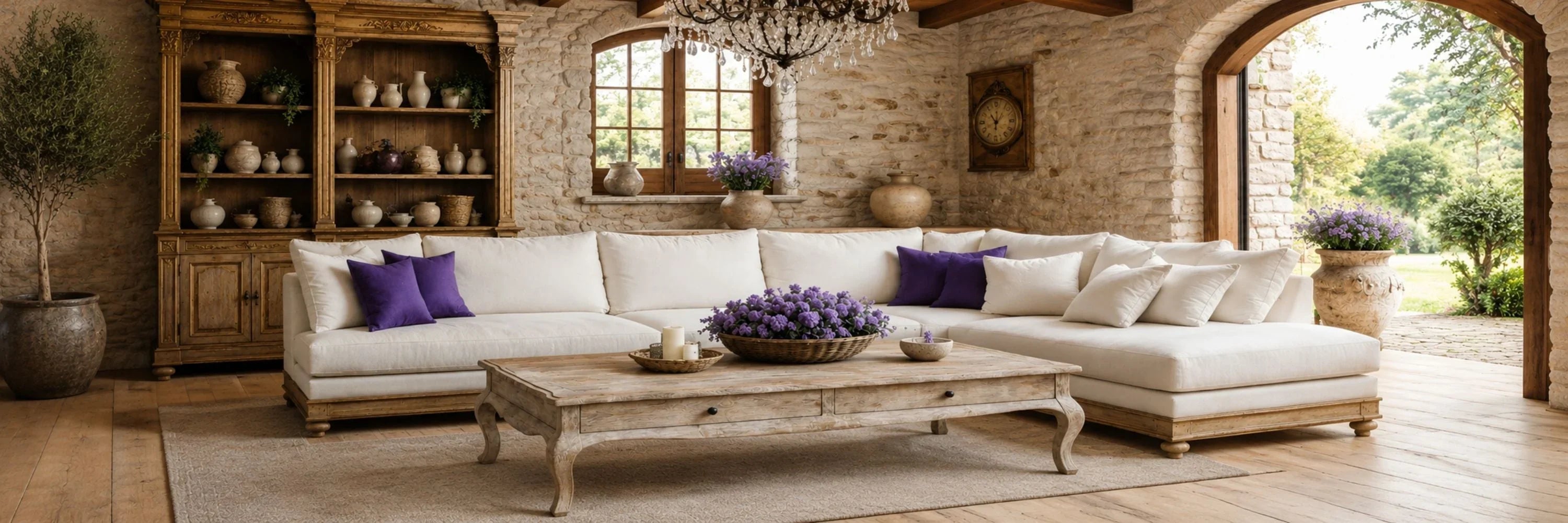White sectional sofa with purple pillows in rustic French country living room with stone walls and wooden furniture