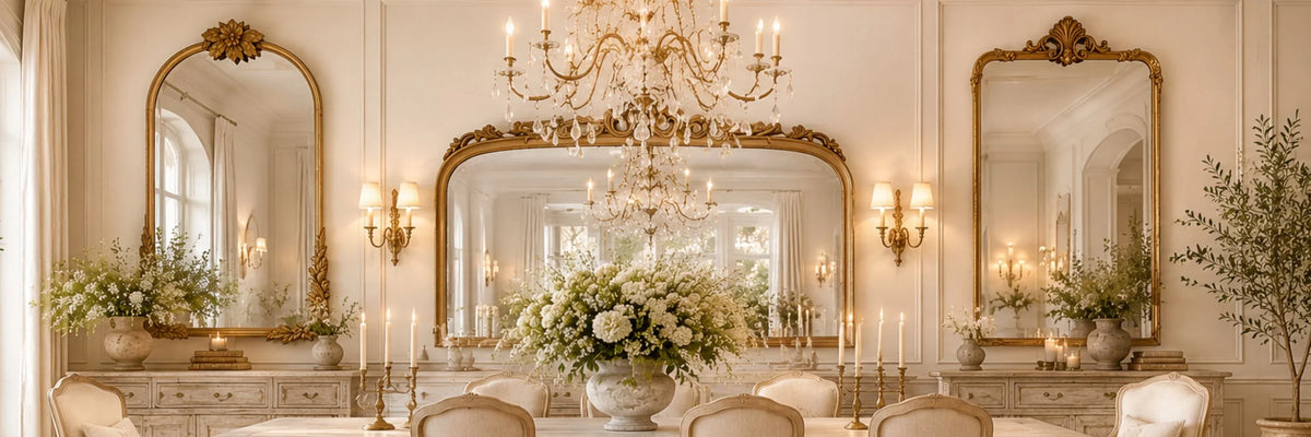 Elegant French country dining room with ornate gold mirrors, crystal chandelier, and shabby chic furniture
