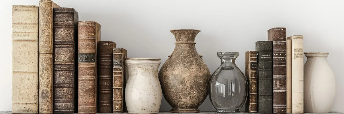 Vintage books and rustic ceramic vases for French country or shabby chic home decor styling