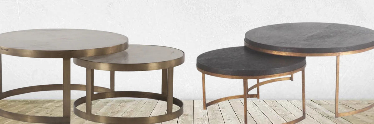 Set of two round nesting coffee tables with metal frames, ideal for farmhouse or coastal decor styles.