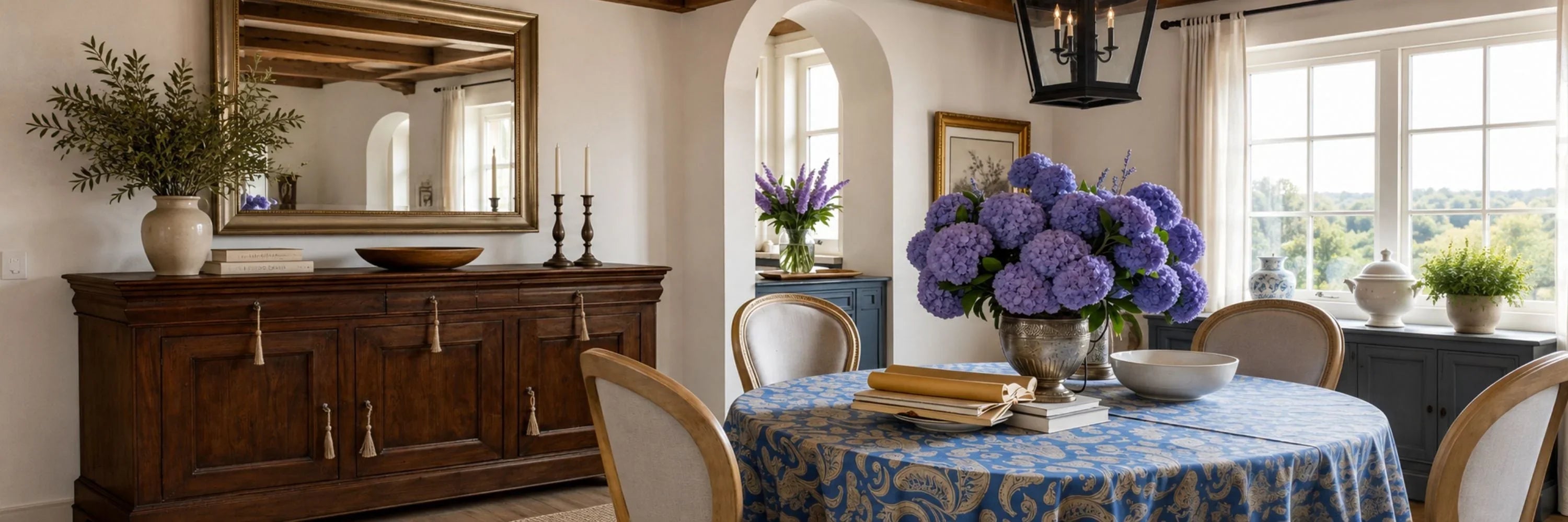 French country dining room with wooden sideboard, blue patterned tablecloth, and purple hydrangeas