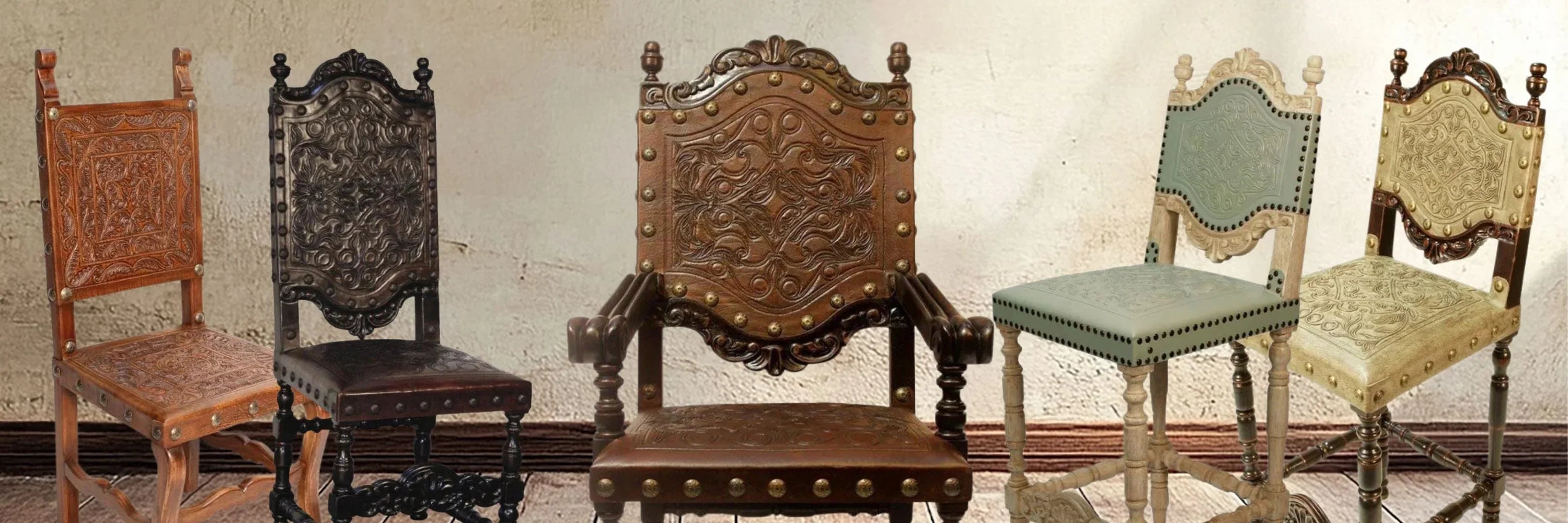 Ornate French country dining chairs with carved wood and leather upholstery in rustic farmhouse style