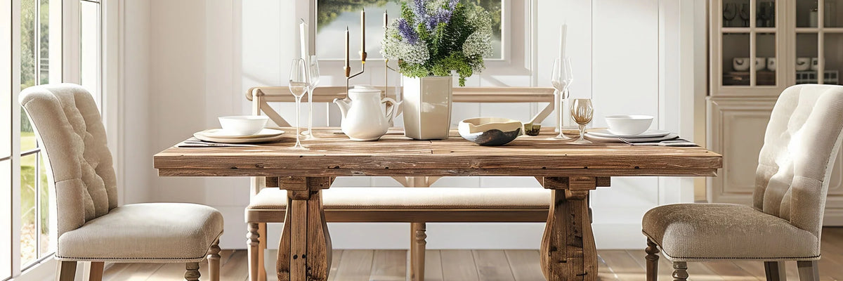 Rustic farmhouse dining table with tufted chairs, floral centerpiece, and natural wood finish