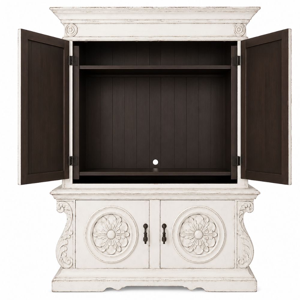 White Ornately Carved Entertainment Armoire