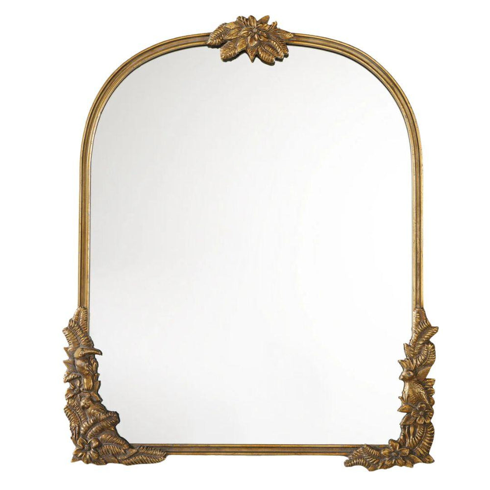 Elegant gold arched mirror with floral and bird carvings, perfect for French country or shabby chic decor