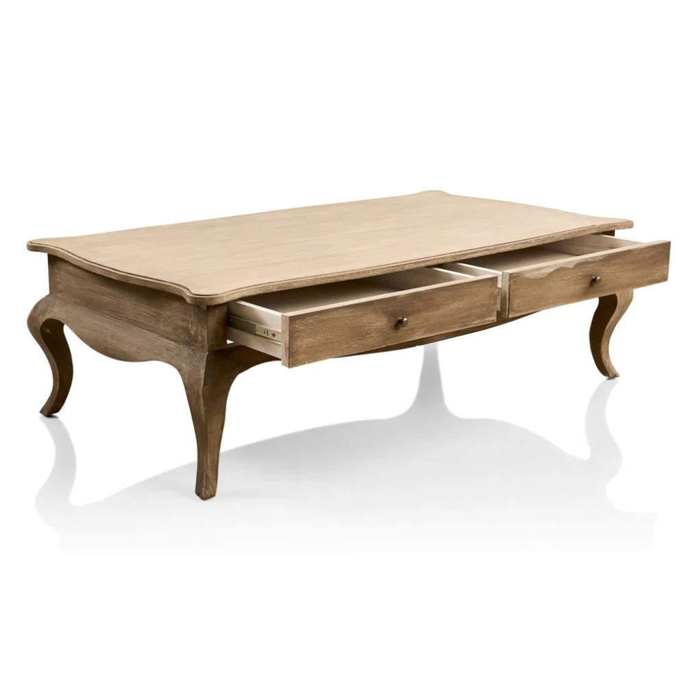 Natural Wood French Coffee Table with Drawers