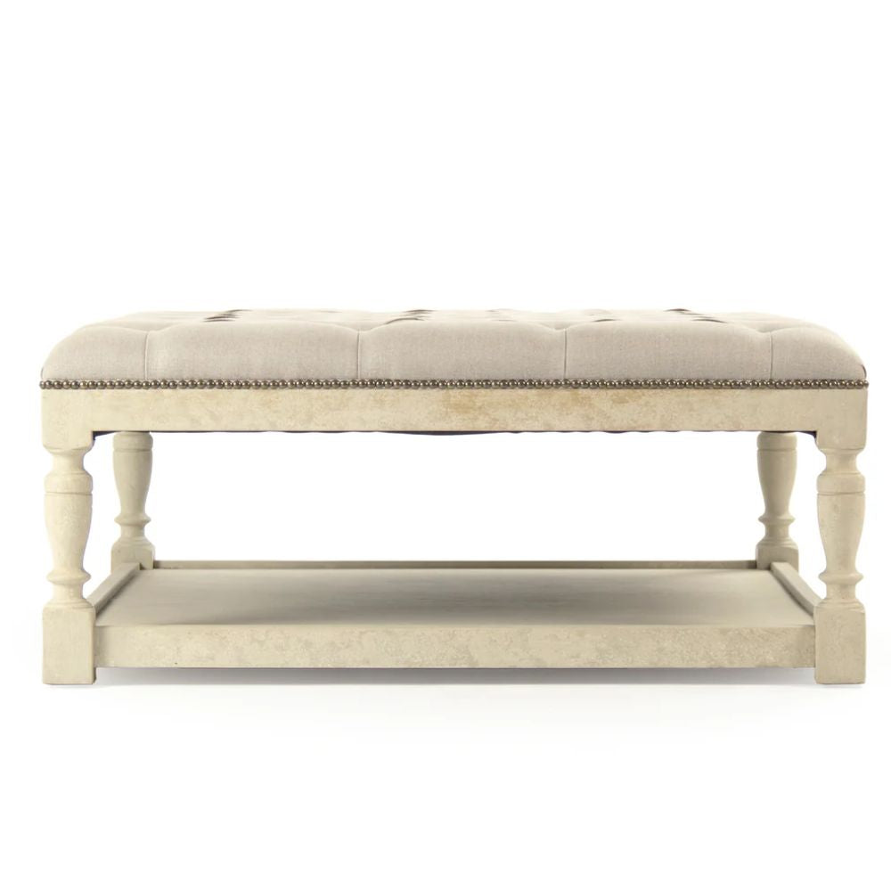Distressed Off White Square Tufted Ottoman