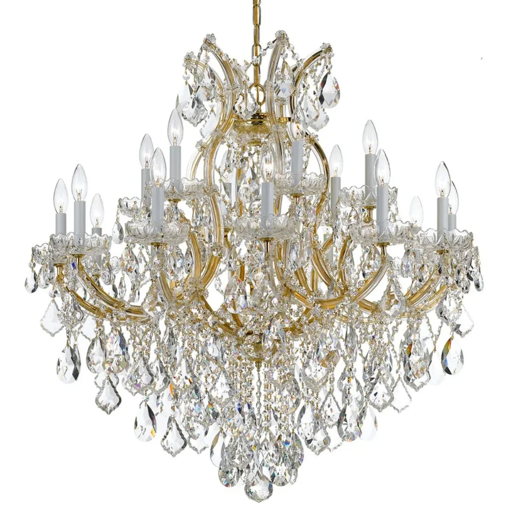 Elegant gold chandelier with crystal droplets, perfect for French country or shabby chic interiors