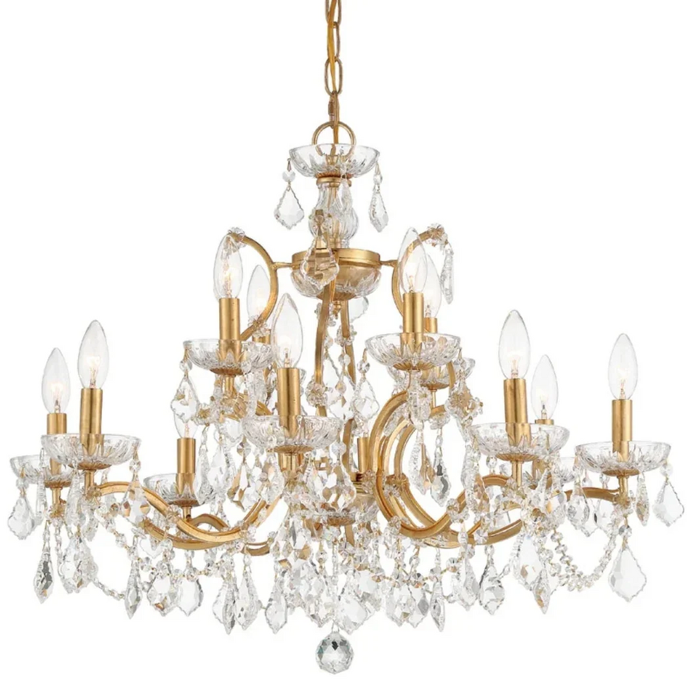 Elegant gold crystal chandelier with candle-style lights in a French country style.