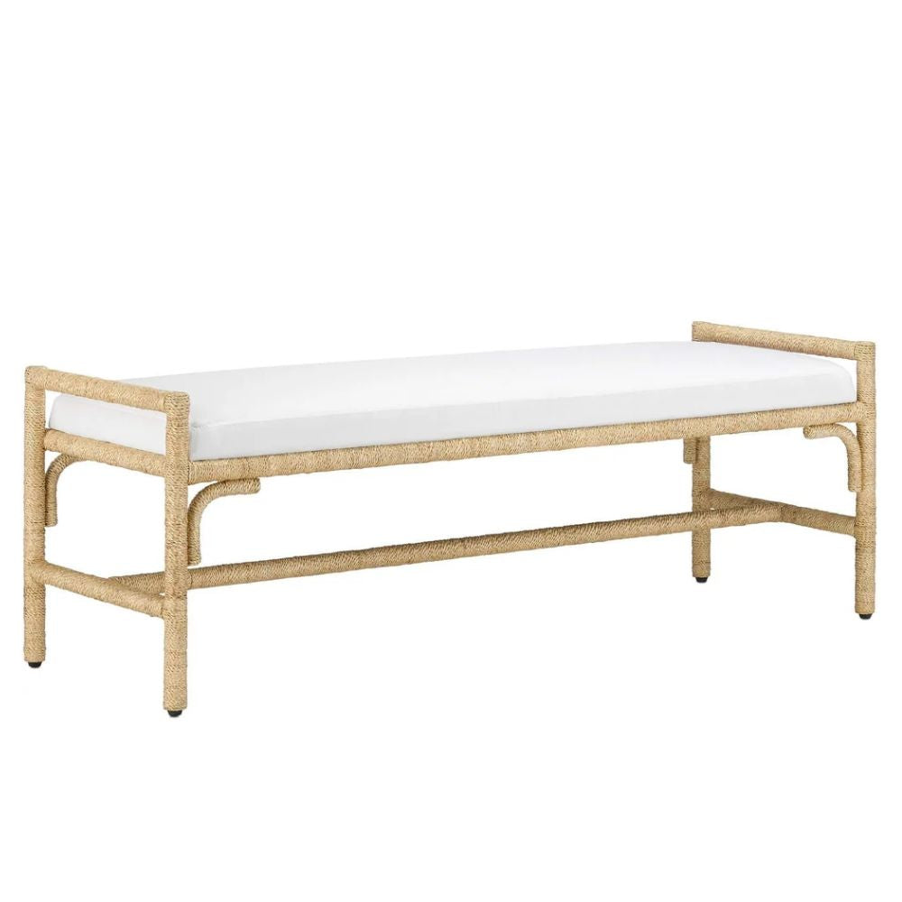 Natural boho woven bench with white cushion, coastal farmhouse style seating