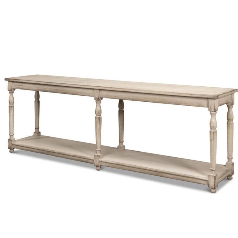 Distressed white farmhouse console table with lower shelf, French country style