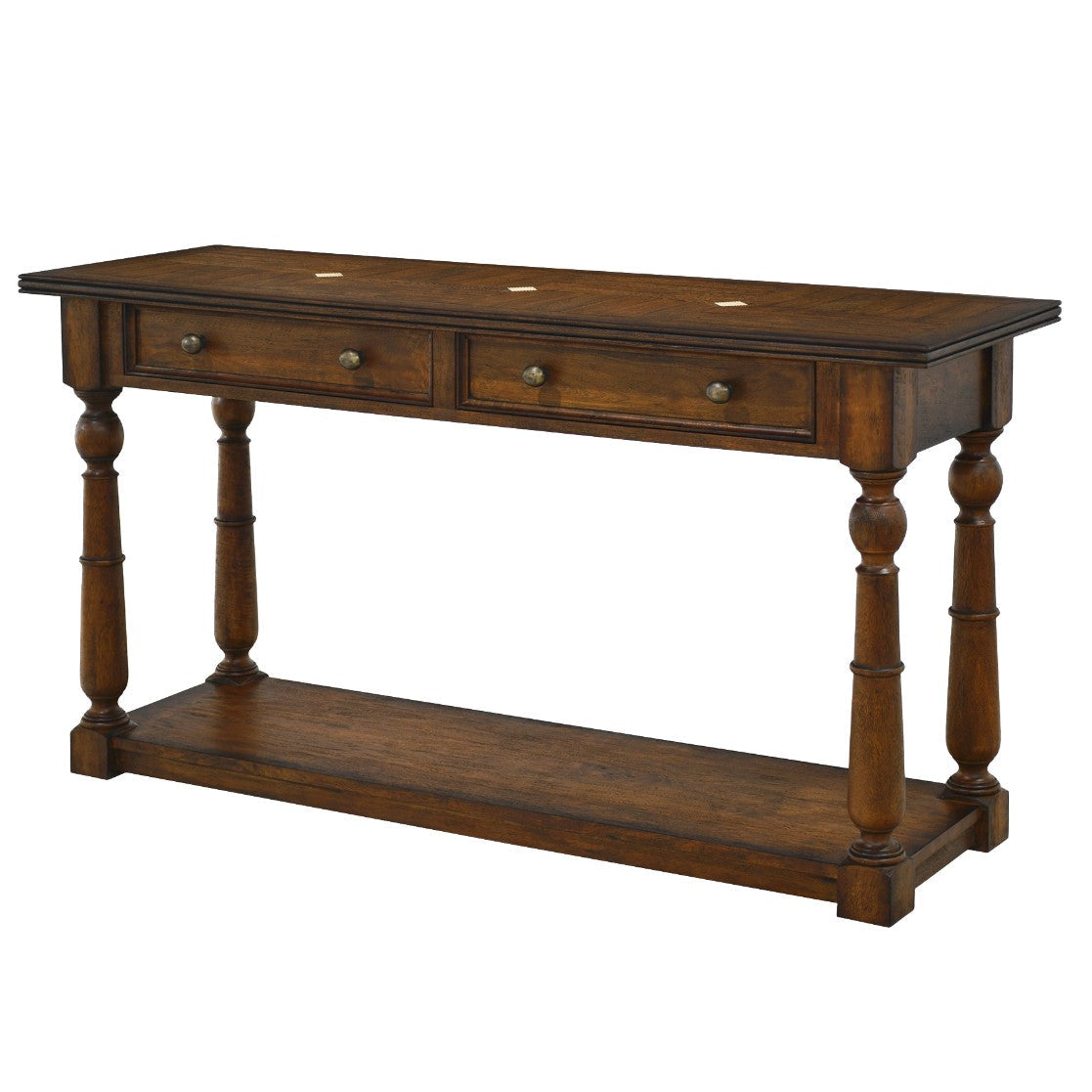 A dark brown wooden console table with two drawers, turned legs, and an open lower shelf, shown on a plain white background.