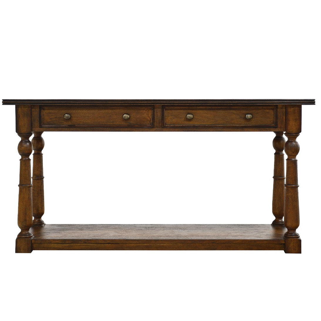 A rustic wooden console table with two drawers, turned legs, and a lower shelf, shown against a plain white background.