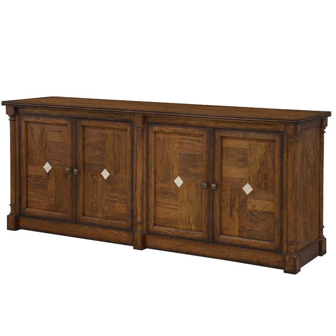 A rustic brown wooden sideboard cabinet with four paneled doors and small diamond-shaped metal pulls, shown on a plain white background.