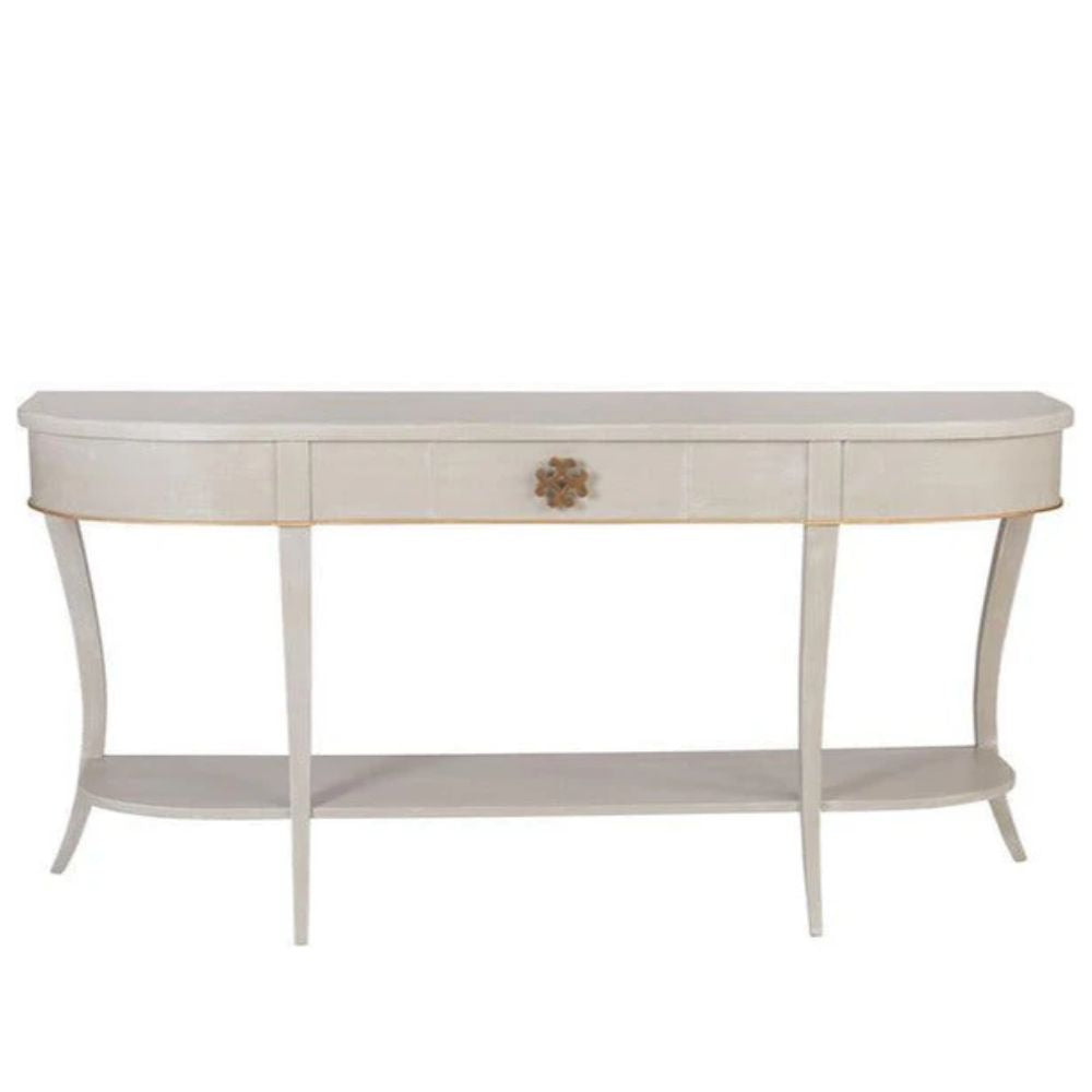 Elegant French country console table with floral knob, curved legs, and lower shelf in soft neutral finish