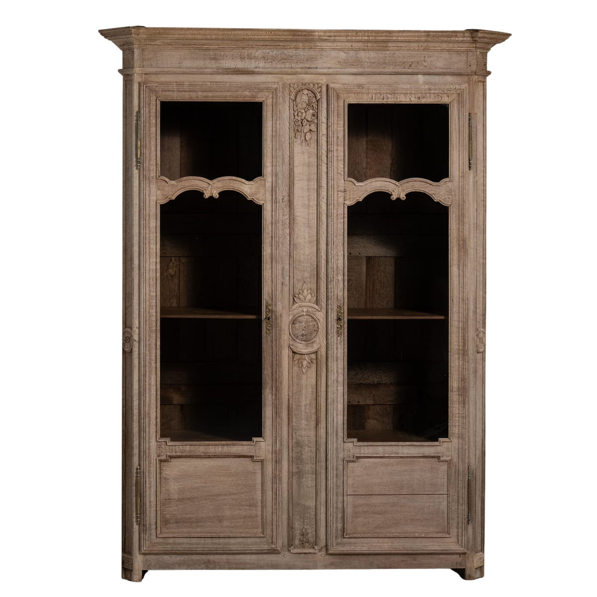 Antique French Carved Oak Glass Door Cabinet, Circa 1870