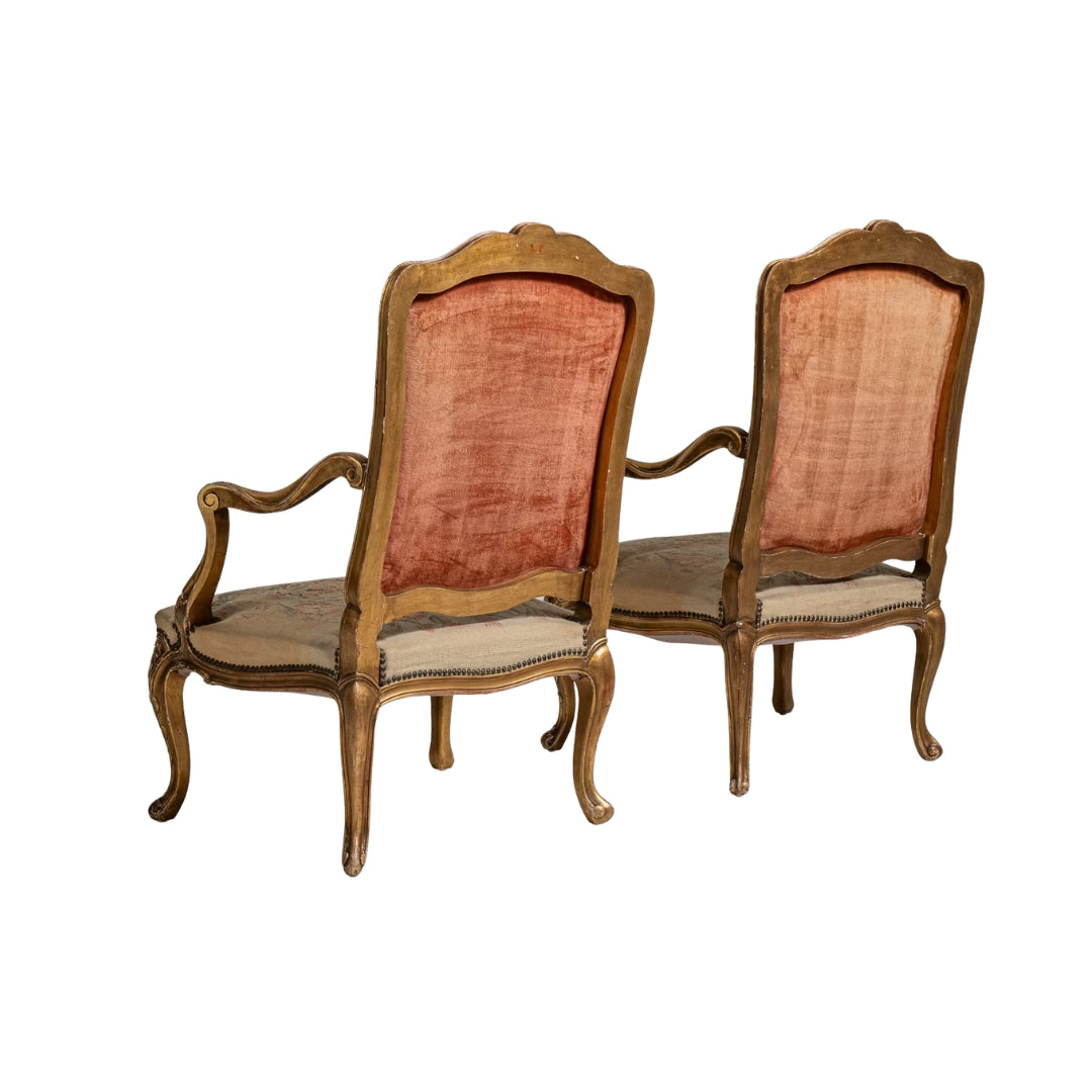 Antique French Louis XV Giltwood Tapestry Armchair, Pair
