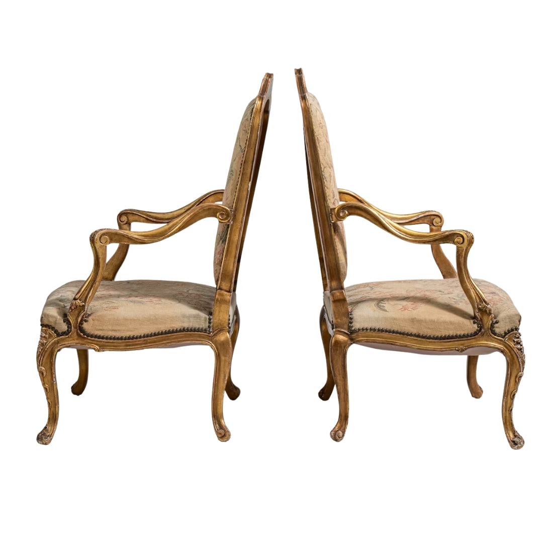 Antique French Louis XV Giltwood Tapestry Armchair, Pair